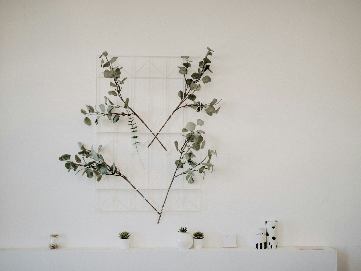 Decoração minimalista com galhos em parede clara